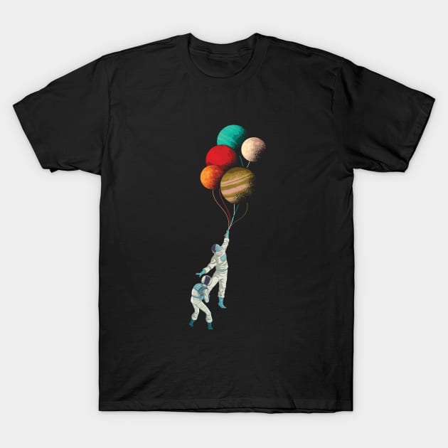 Planet Balloons Funny Astronauts Flying Away T-Shirt by origato